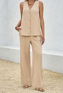 Ensemble ample en coton beige sans manches avec col en V profond et pantalon à jambes larges pour femmes-Ensemble deux pièces décontracté et confortable - Product Image 2