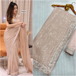 Nouveau Bollywood Full Saree de Georgette avec broderie de paillettes lourdes travail pour les femmes vente en ligne - Product Image 5