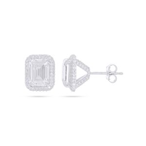 <b>Emerald</b> Cut & Round Diamond Halo <b>Stud</b> <b>Earrings</b> For Her - Product Image 1