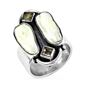 925 Silver Pearl & Zircon Gemstone <b>Ring</b> <b>Rhodium</b> Plated Statement Jewelry for Women for Weddings - Product Image 1