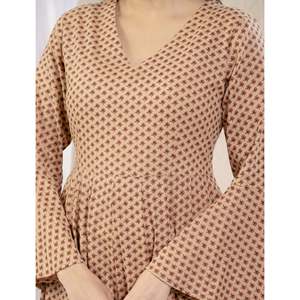 Vestido Largo Estampado de Algodón en Tonos Pastel Oscuros, Casual y Elegante, Talla XS, Largo hasta la Rodilla, Decoración Drapeada, Transpirable, Cintura Natural - Product Image 3