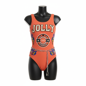 Maillot de bain femme 230 GSM en polyester et élasthanne, tissu côtelé, orange, une pièce, avec patch chenille et logo personnalisé. - Product Image 3