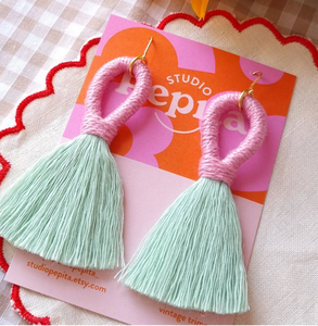 Macaron Pastel Pink and <b>Green</b> Tassel <b>Earrings</b> - Lightweight Cotton Statement <b>Earrings</b> - Product Image 1