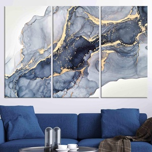 Impresión artística moderna abstracta en lienzo de mármol azul y dorado - Decoración elegante, JUEGO DE 3 LIEÑOS - Product Image 1