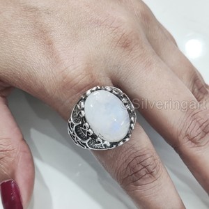 Bague en argent sterling 925 pour homme, pierre de lune arc-en-ciel naturelle bleue, pierre de naissance de juin, bijoux arabes, vente en gros - Product Image 3