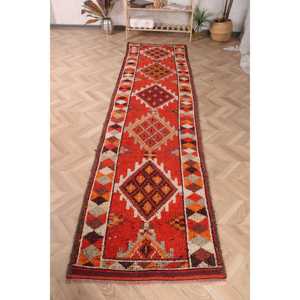 2.9x11 ft Turkish Rug, Vintage <b>Runner</b> Rug, <b>Red</b> Brown Plants & trees Rug - Product Image 1