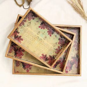 Handmade Vintage Floral Print Wood Serving <b>Tray</b> Set 3 Pcs Rectangular Decorative Table Platter For Home Restaurant Buffet Use - Product Image 1