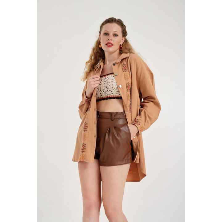 23297-Women's Shirt with Embroidery Detail - Camel