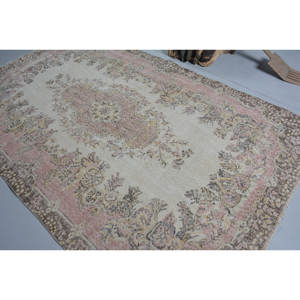 Vintage Turkish <b>Rug</b> Classic Beige Pink 5.8 X 9.5 ft <b>Boho</b> Flat Weave Jute Carpet Patchwork Pattern for Living Room - Product Image 4