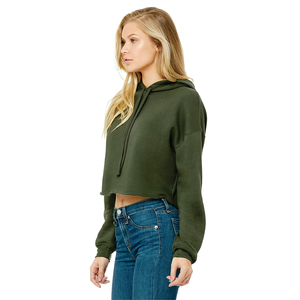 Raw Hem Women's Cropped Fleece Hoodie 3D Embroidery 52% Airlume <b>Combed</b> Ring Spun Cotton 48% Poly Green Dropped Shoulder Hooded - Product Image 2