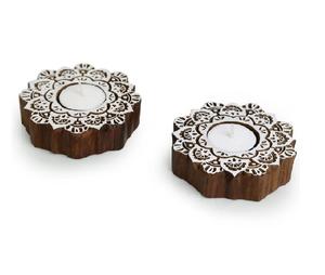 Blocs de fleurs lustrées sculptées à la main porte-bougies en bois de Sesham Lot de 2 porte-bougies chauffe-plat pour centres de table de mariage - Product Image 1
