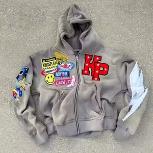 Otoño Venta al por mayor personalizado bordado desgastado estampado lavado ácido recortado Sudadera con capucha angustiante Vintage Sun Faded Zip up hombres sudaderas con capucha - Product Image 6