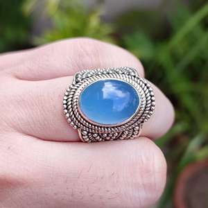 925 Sterling Silver <b>Statement</b> <b>Ring</b> Handmade Natural Chalcedony Oval Gemstone Moon Inlay May Birthstone Silver Birthstone <b>Ring</b> - Product Image 4