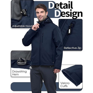 Chaqueta Softshell de diseño personalizado para hombre, abrigo de poliéster impermeable a prueba de viento, capucha polar, tela vaquera, cierre de cremallera, soporte sólido - Product Image 5