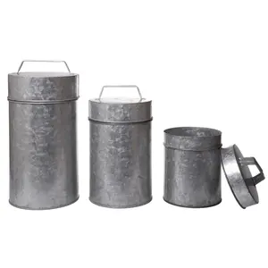 Recipiente de metal galvanizado Juego de 3 recipientes de metal galvanizado con mango Solución de almacenamiento decorativa Tres tamaños