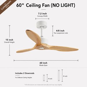 Ventilateur de plafond en bois massif à 3 pales de 60 pouces, sans lumière, télécommande, moteur DC, pour salon, chambre à coucher, grande pièce - Product Image 5