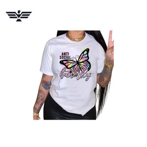 Camiseta de tela ancha con estampado de mariposas para mujer |   Camiseta Casual de Algodón 100% con Impresión Digital Personalizada |   Ropa Urbana Transpirable - Product Image 6