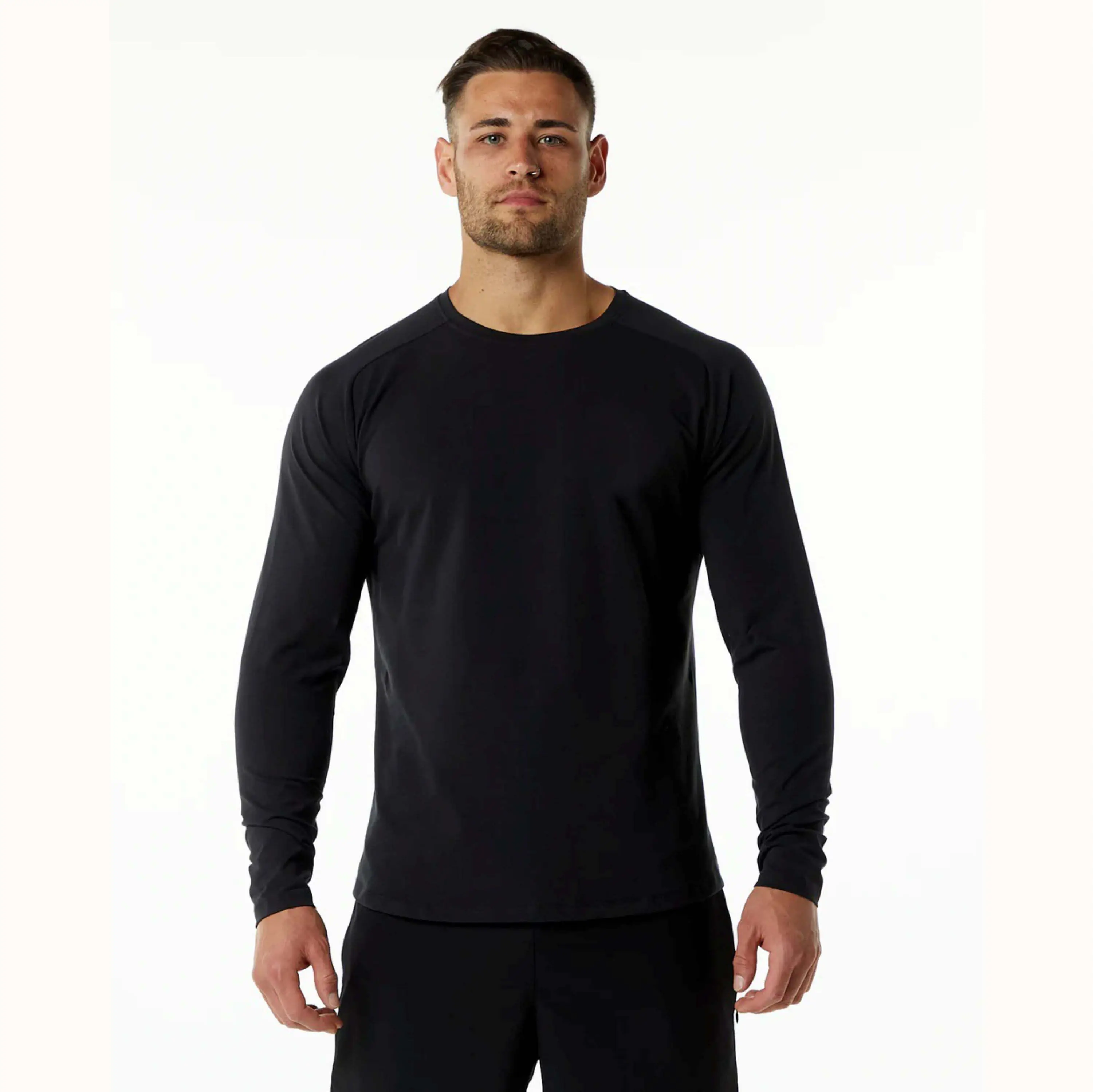 94% Cotton 6% Spandex Saddle Sleeve Cut Tapered Fit Crew Neck Scoop Hem Black Mens Fitted Performance Long Sleeve T-Shirt