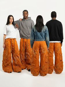 American Style Distressed Denim Cargo Pants Wide Leg Streetwear Loose Fit Utility <b>Trousers</b> Casual Fashion Workwear Denim Pants - Product Image 5