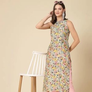 Kurta sin mangas con cuello redondo y estampado floral para mujer, de poliéster, corte recto, largo hasta la rodilla, estilo casual y elegante, la más vendida. - Product Image 1