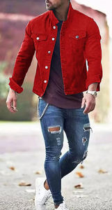 Chaquetas Vaqueras Rojas de Alta Calidad para Hombre, Hechas de Algodón, Ropa Urbana, Chaquetas Vaqueras de Mezclilla con Color Personalizado para Hombres Adultos - Product Image 4