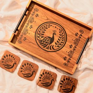 Plateau rectangulaire en bois pour le thé, le café et les collations avec un design peint à la main Décoration de service naturelle avec la meilleure qualité disponible - Product Image 1