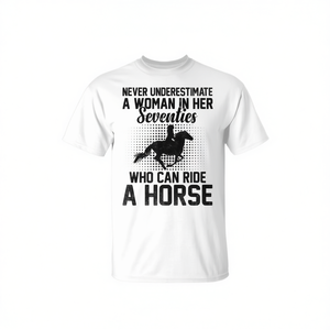 Camiseta para entusiastas del equitación: Nunca subestimes a una mujer de setenta años - Product Image 2