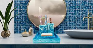 Complete 4-Piece Resin Bathroom Accessory Set Green <b>Vanity</b> <b>Tray</b> with Soap Dispenser and Toothbrush Holders Disposable Features - Product Image 3