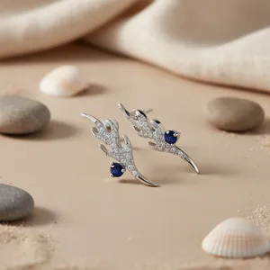 Boucles d'oreilles clous tendance en argent et saphir pour femmes, bijoux délicats en laiton et cuivre, plaqué or, motif boule, forme numérique, pour les fêtes - Product Image 2