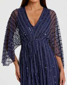 Robe de soirée de luxe bleu marine foncé avec décolleté en V trompette en forme de paillettes perle brodée à la main robe de soirée de style fête florale - Product Image 2