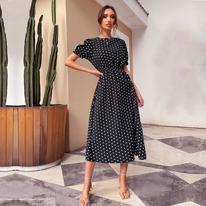 Robe de bureau pour femmes, robe de travail formelle à pois d'été, poche, manches courtes, confortable, grande taille, silhouette crayon, ceinture - Product Image 3