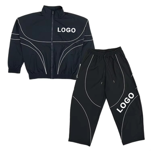 Custom <b>Reflective</b> Tracksuit Set Heat-Transfer Printed logo <b>Jacket</b> Fashion Patchwork Jogger Set Black Streetwear Sports Suit 100% - Product Image 1