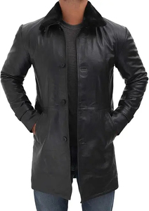 Manteau long en cuir véritable pour homme avec col en fourrure, simple boutonnage, épais, pour l'hiver - Product Image 2