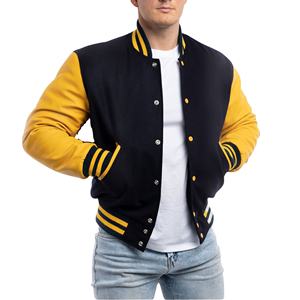 Veste universitaire américaine pour homme, manches en laine/viscose, fermeture éclair, devant patchwork, style bomber baseball, doublure matelassée - Product Image 1