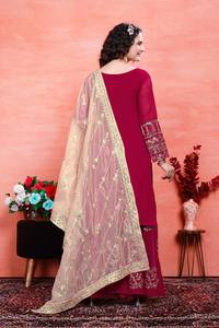 Top rouge pour femmes-Palazzo Collection Faux Georgette Fabrics With Embroidery Sequins Work For Women - Product Image 4