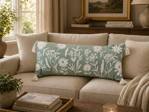 Funda de Almohada Lumbar de Algodón Bordada con Motivos Florales, Hecha a Mano, Decorativa, con Borlas, para Sofá - Product Image 6