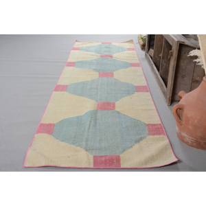 พรมตุรกีโบราณแบบทันสมัยขนาด3.5x12ฟุตผ้าขนสัตว์สีฟ้างานเย็บปะติดปะต่อกันทำด้วยมือสำหรับวัยรุ่นห้องนั่งเล่นสี่เหลี่ยมผืนผ้าห้องโถง - Product Image 3