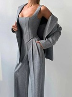 Set celana Blazer Fishbone, 3 buah untuk wanita, jaket satu kancing Solid, atasan Crop pinggang tinggi, celana saku 2025, Set kantor