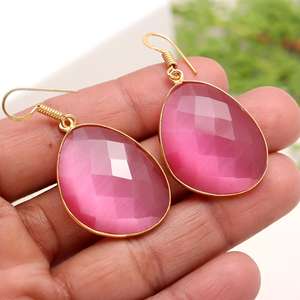 Pendientes de Monalisa Rosa natural, corte facetado, Plata de Ley 925 fina, piedras preciosas hechas a mano, pendientes de gota de Monalisa chapados en oro - Product Image 4