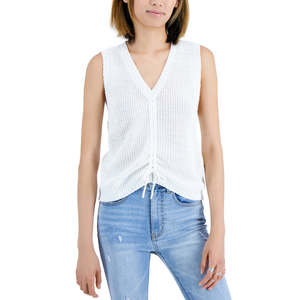 Gilet in maglia con scollo a V e arricciature sul davanti di Sugar Moon Junior, colore bianco, taglia XS - Product Image 1