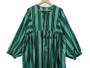 เดรสลายทางสีเขียวคิราแบบมิดิ  ผ้าฝ้ายพิมพ์ลายบล็อกด้วยมือ สไตล์โบฮีเมียน แฟชั่นสำหรับผู้หญิง - Product Image 4