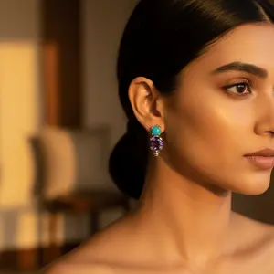 Boucles d'oreilles pendantes en argent 925 avec turquoise et améthyste pour femmes - Product Image 3