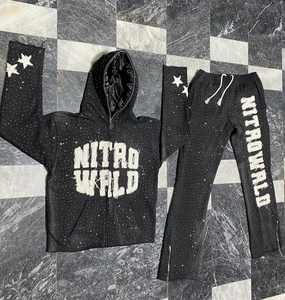 Conjuntos de pantalones con capucha y cremallera con logotipo personalizado, chándales Sunfade lavados con ácido, parches de socorro bordados con diamantes de imitación de punto informales - Product Image 3