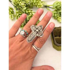 Sterling <b>Silver</b> <b>Cross</b> Adjustable <b>Ring</b> Handmade by Navajo Cultural Collectible Jewelry - Product Image 2