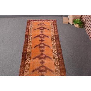 2.5x13 ft Vintage Rug, Turkish Runner Rug, <b>Brown</b> Orange Bordered <b>Wool</b> Rug - Product Image 4