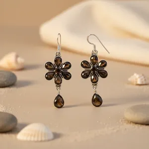 Boucles d'oreilles en argent 925 avec pierre précieuse en quartz fumé, pendentif mignon en forme de goutte pour mariage - Pierres principales incluent l'ambre, la perle, le diamant - Product Image 3