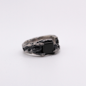 Vintage Handmade 925 Sterling <b>Silver</b> Unisex <b>Wedding</b> <b>Band</b> Rhodium Plated Wax Carved Onyx Ring Organic Texture Made in Turkey - Product Image 2
