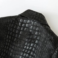 Blazer Homme Noir en Cuir Véritable et Toile, Coupe Slim, Double Boutonnage, Capuche, Boutons Dorés Gaufrés pour Motif, Formel