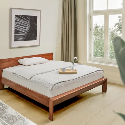Modern ve zarif düşük-geri tik ahşap kapı kral çift kişilik yatak katı ahşap yatak odası için doğal ahşap yatak