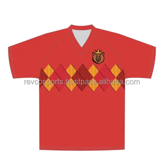 Kaus sepak bola warna merah kustom kaus sepak bola kaus sepak bola dengan Logo tim sulaman Applique dan nama